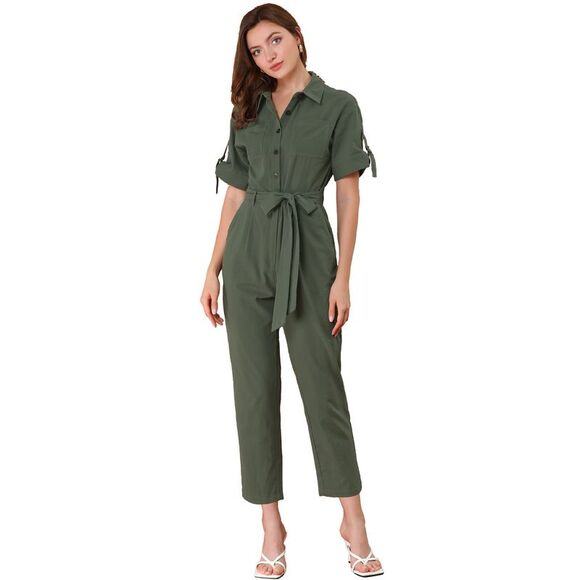 Short Sleeve Collared Cropped Button Down Tie Waist Cotton Cargo Jumpsuit Green - Picture 1 of 6